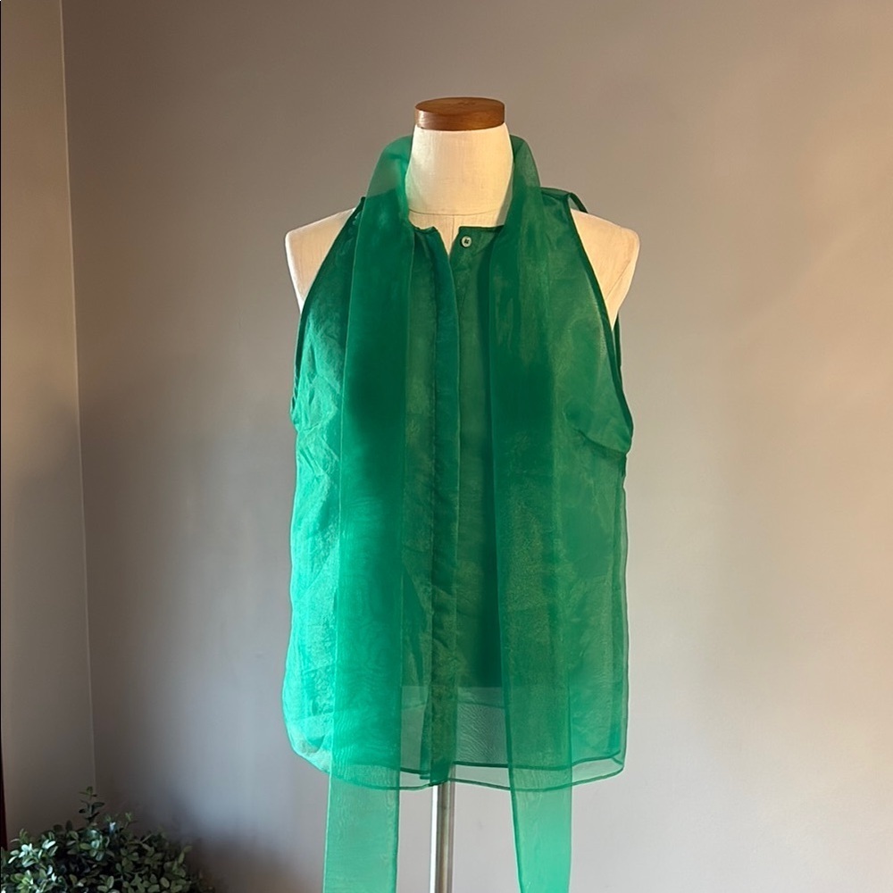 BABATON Aritizia Julius Sheer back Green Sleeveless Blouse tie bow neckline med